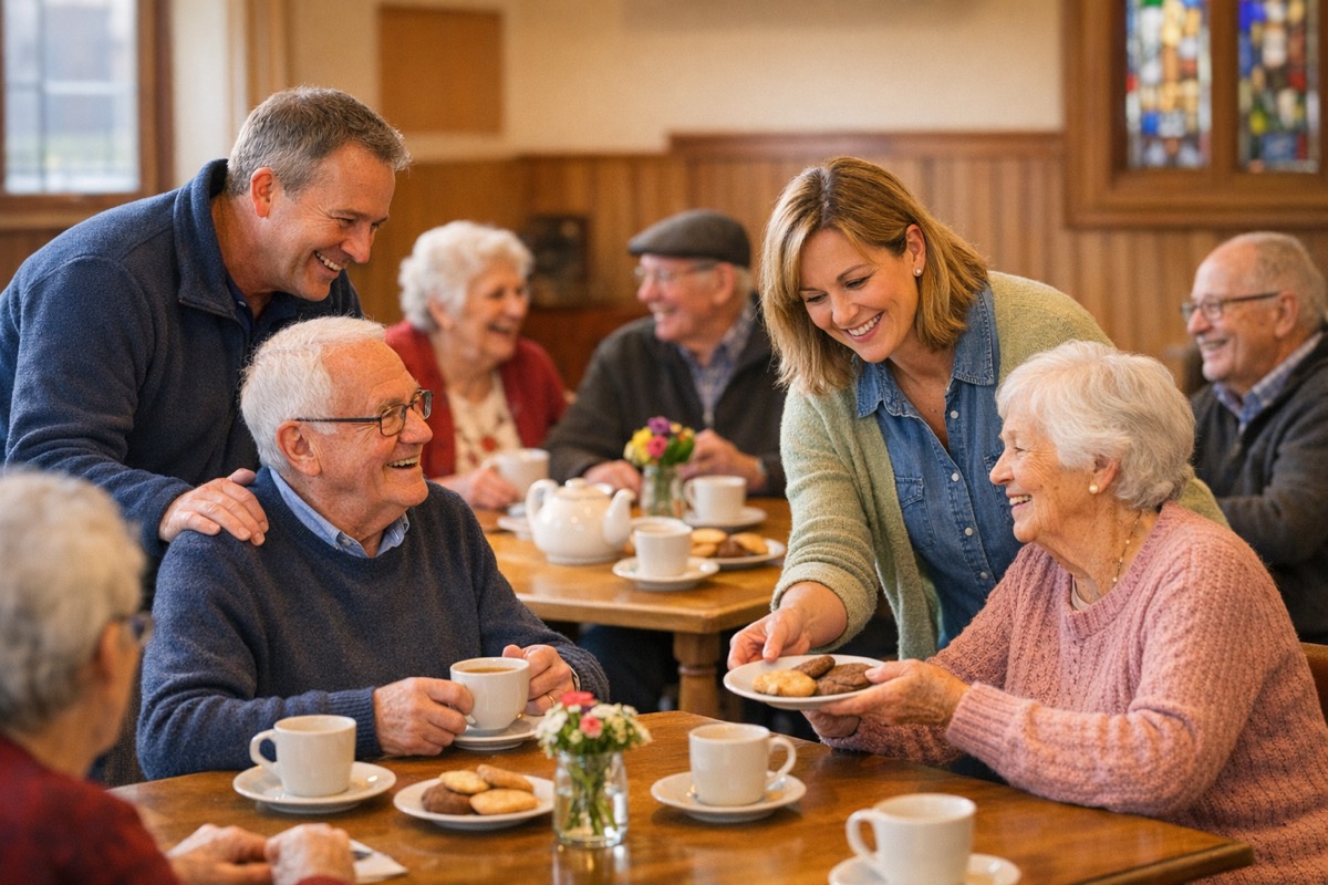 Volunteers serving tea to elderly parishioners in a warm church hall