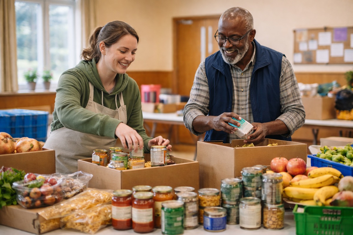 Volunteers sorting food parcels at a community food bank