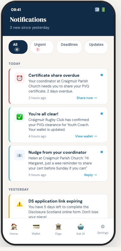 PVG Pal notification screen showing deadline reminders and updates