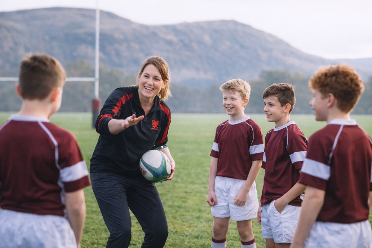 Youth rugby coach working with young players on a Scottish playing field