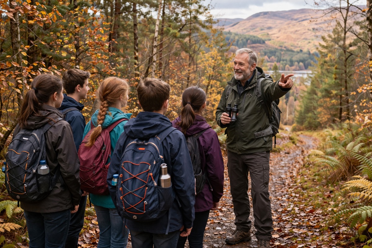 Scout leader guiding young people on an autumn woodland hike in Scotland