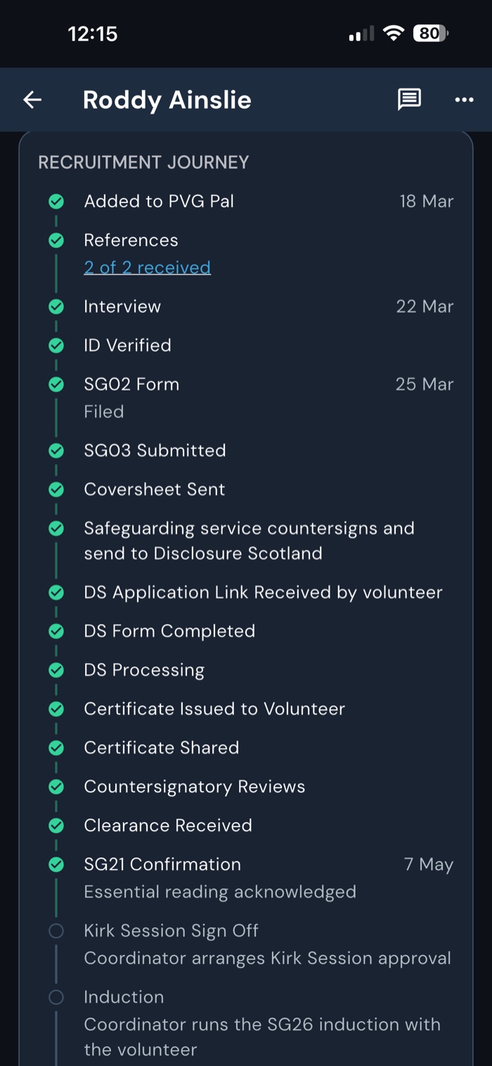 PVG Pal application timeline showing a volunteer's 17-step PVG journey with completed steps ticked off
