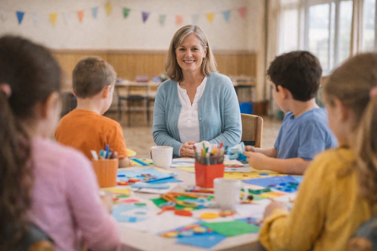 Volunteer leading children in arts and crafts at a community hall