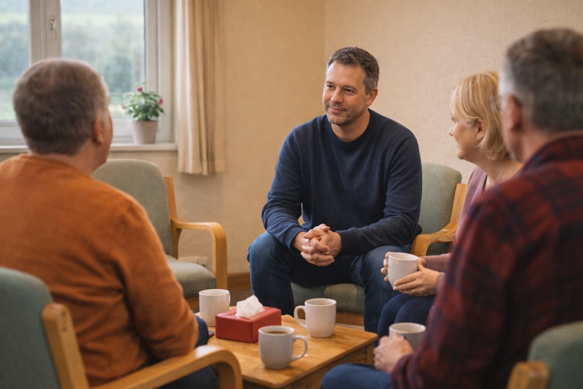 Volunteer facilitating a peer support group in a community centre