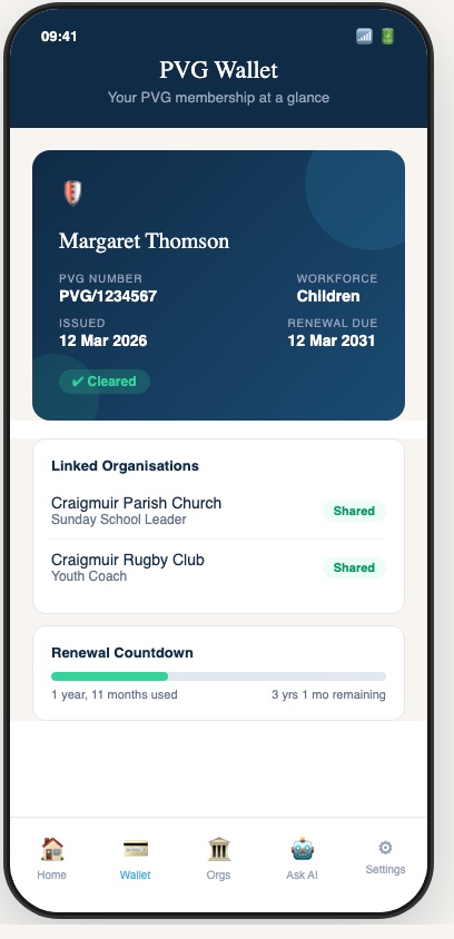 PVG Pal volunteer wallet showing PVG membership details